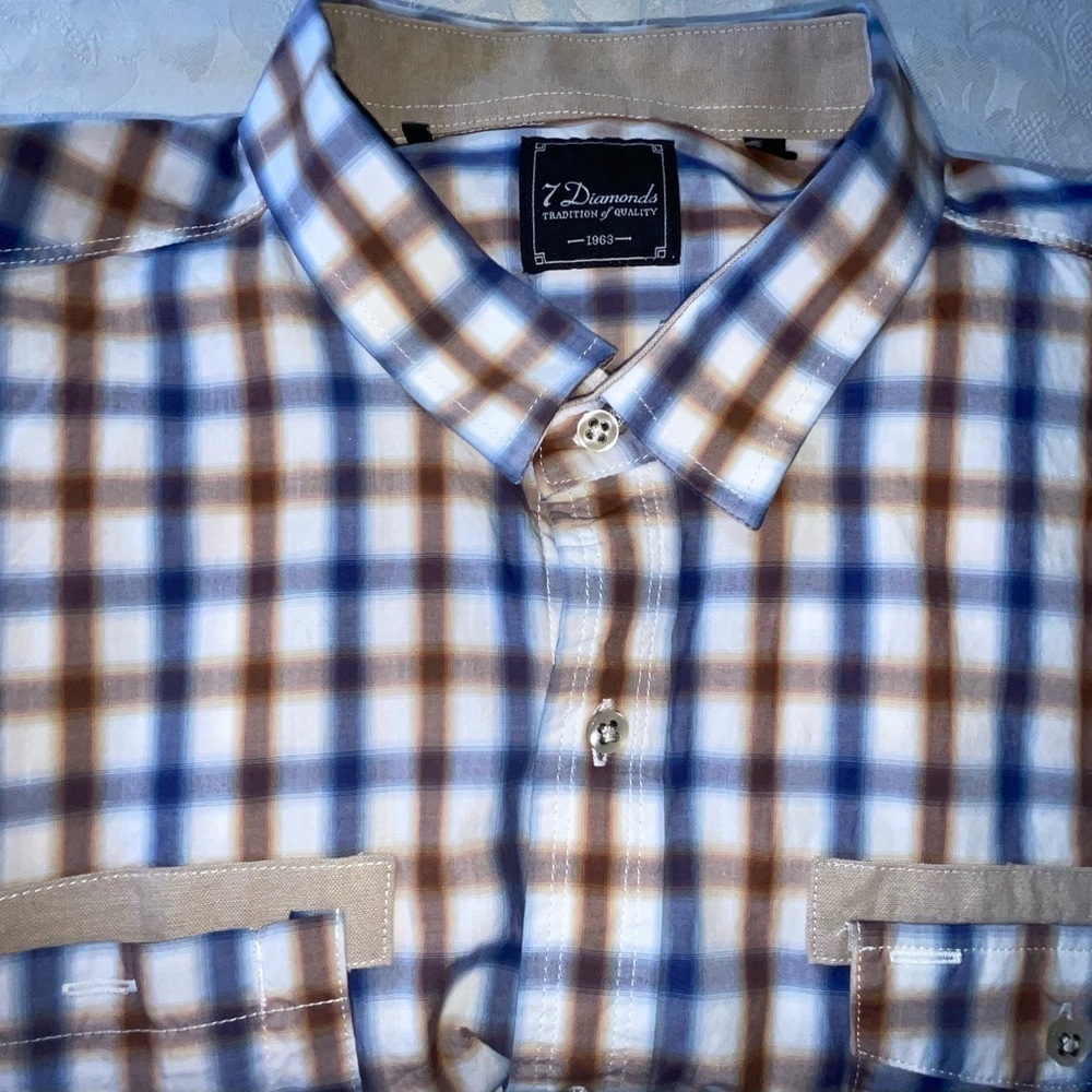 7 Diamonds Mens Shirt Blue Brown White Check Plaid 100% Cotton Size XL